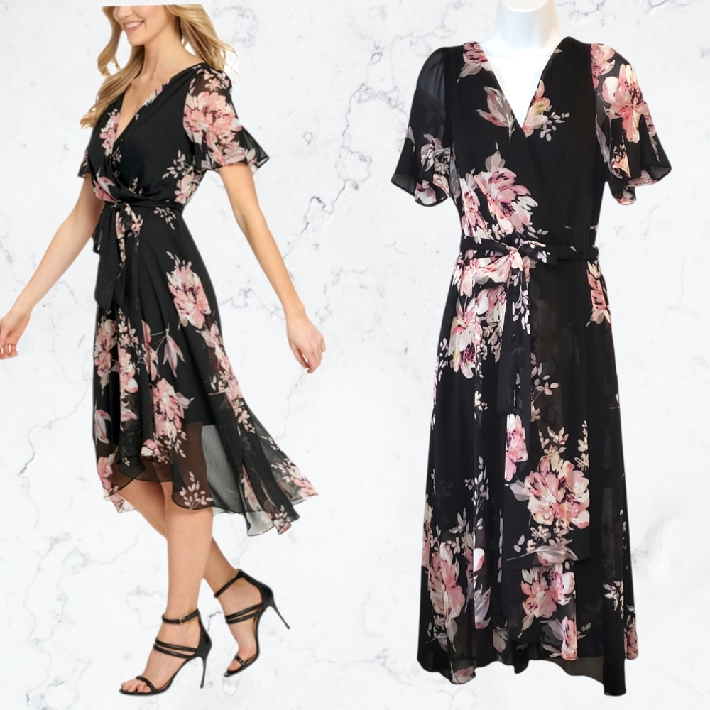 DKNY Floral Wrap-Style Chiffon Midi Dress
